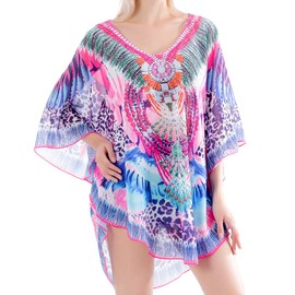 Belle Dame Women’s Digital Print Chiffon Batwing Caftan Poncho Tunic Loose Top Blouse Beach Cover Up with Crystal Beads (CL405)