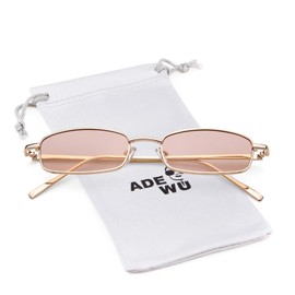 ADE WU Retro Narrow Rectangle Sunglasses for Women Men, Vintage 90s Small Metal Square Glasses Colored Tint Lens(Gold/Light Brown)