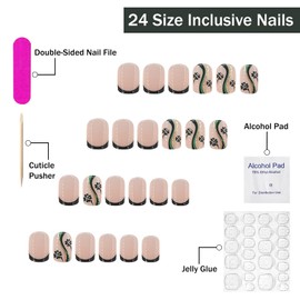 St. Patrick's Day Press on Nails Short Square SWEKKE Green French Tip Fake Nails False Nails with Four-leaf Clover Gold Glitter Designs Glossy Glue on Nails Acrylic Nails for Women Girls 24 Pcs