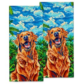 Kibue Adorable Golden Retriever Hand Towels, Soft Decorative Happy Dog Hand Towel Set of 2 for Bathroom Hotel Home, Absorbent Dish Towels for Kitchen Drying Farmhouse Gifts 14×28 Inch