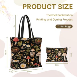 LARIAU Botanical Garden Canvas Tote Bag with Makeup Pouch, Mushroom and Floral Pattern, Black Mushroom Canvas Tote Bag for Gym, Travel, Work, Birthday Gifts for Women Girls