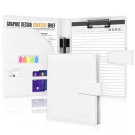 Agoer DIN A5 Portfolio Folder,Clipboard Folder Faux Leather Conference Folder with Legal Pad,A5 Clip Board with Magnetic Cover Storage with Sticky Arrow Tabs & Pen for Work Business Document,White
