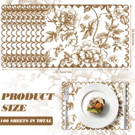 Stranthother 100 Pcs Fall Flower Paper Placemat Scalloped Disposable Chinoiserie Paper Table Mats Brown Floral Place Mats for Birthday Wedding Banquet Party