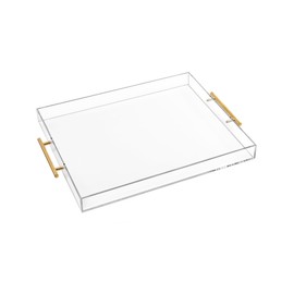 Large Clear Acrylic Serving Tray (16×18 Inches) with Gold Handles Spill Proof Acrylic Decorative Tray Organiser for Ottoman Coffee Table Countertop