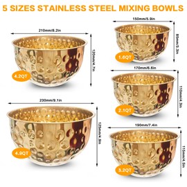 YEJZXY 5-Piece Stainless Steel Mixing Bowls Set, Metal Hammered Gold Mixing Bowls for Kitchen, Cooking, Baking, Salad Prep, Food Storage, Reusable Nesting Design, 1.6-4.9 QT Capacity, Dishwasher Safe