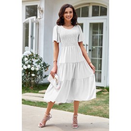 SLOWTOWN Women's V Neck Tiered Midi Dress Flutter Short Sleeve Smocked Dress (White, Small)
