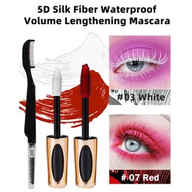 Red White Tubing Colored Mascara-2PCS Waterproof 5D Thick Fiber Lash Mascara, Smudge-proof Long Lasting Liquid Mascara Volume and Length, Volumizing Cat Eye Mascara Makeup for Women Party Stage Use