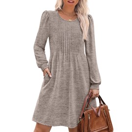 OFEEFAN Womens Fall Dresses 2025 Fashion Long Sleeve Pleated Chocolate Brown Fall Clothes Tunic Sweater Dress Coffee XL