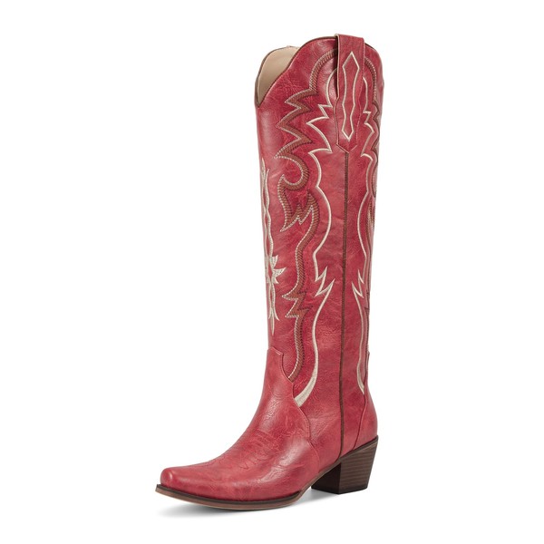 wetkiss Red Cowboy Boots for Women Knee High Cowgirl Tall