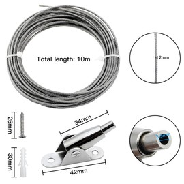DXLing 10 Metres Stainless Steel Wire Rope Coated 2 mm Steel Cable Adjustable Curtain Rope Automatic 7 x 7 Stainless Steel Rope Lamp Suspension Wire Rope with 2 Mounting Clamp for Light Picture