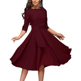 FENJAR Womens Elegance Audrey Hepburn Style Ruched 3/4 Sleeve Midi A-line Dress