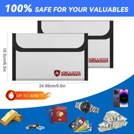 Small Fireproof Bag (5 x 8 inches), Non-Itchy Fireproof Money Bag for Cash, Valuables, Passport, Currency & Keys (2-Pack