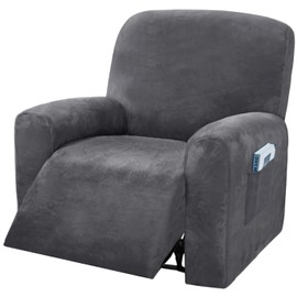 Stretch Velvet Recliner Chair Covers, 4 Pieces Lazy Boy Recliner Slipcover for Home Theater Seating with Side Pocket, 1 Seat Reclining Sofa, Thick & Soft, Machine Washable (Grey)