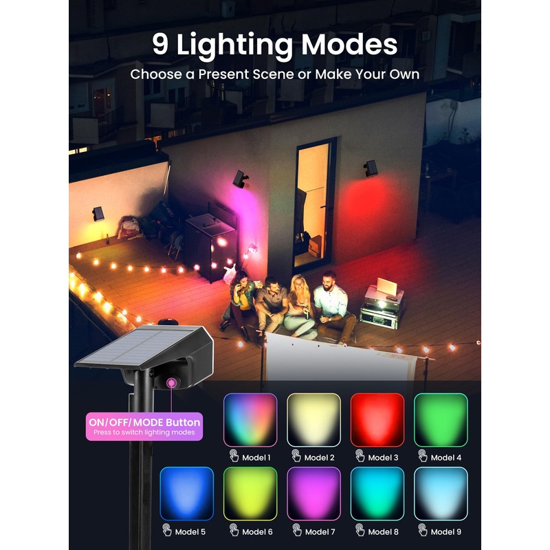 AUDERWIN Solar Spot Lights Outdoor, 9 Lighting Modes RGB, Solar