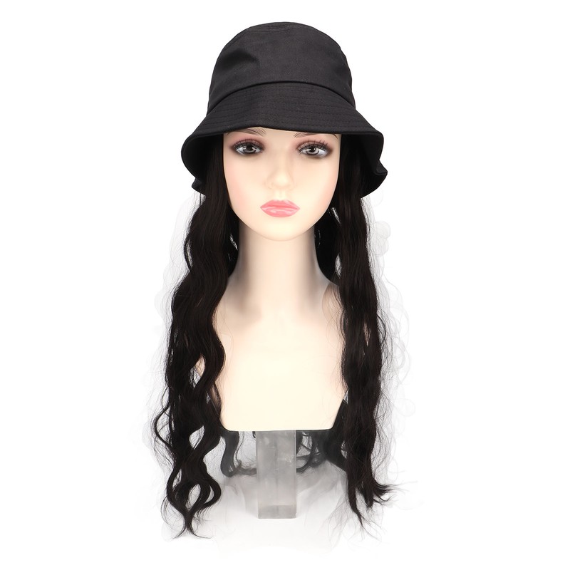 Hat Wig Women Detachable Middle Length Black Brown Curly Wavy