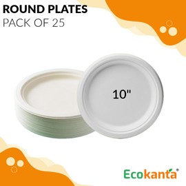 Ecokanta Paper Plates (10 Inch / 25 Pack) - Heavy Duty, Eco-Friendly & Disposable - Biodegradable Round Plate 25cm - Suitable for Hot & Cold Food - Party Plates - Perfect for Everyday use
