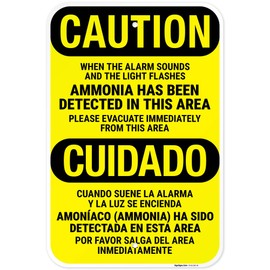 Caution Ammonia Has Been Detected in This Area Bilingual Sign, 12x18 Inches, 55 mil Thick HDPS (high Density polystyrene), Made in USA