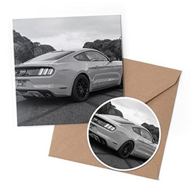 1 x Greeting Card & 10 cm Round Sticker Set - BW - Yellow Muscle Car American - Birthday Thank You Friend Lover Fan Mum Dad Kids #41261