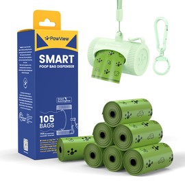 Bolsas para Excremento de Perros, Bolsas Popo Perro Extra Gruesas y Prueba de Fugas, con Dispensador, Clip y Correa, 105 Bolsas (7 Rollos), Verde