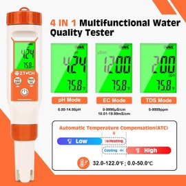 pH Meter for Water, Smart pH TDS EC Meter for Water Hydroponic | 4 in 1, pH Conductivity PPM Temp Meter, for Drinking Water, Brewing, Aquarium, Pool, Spa