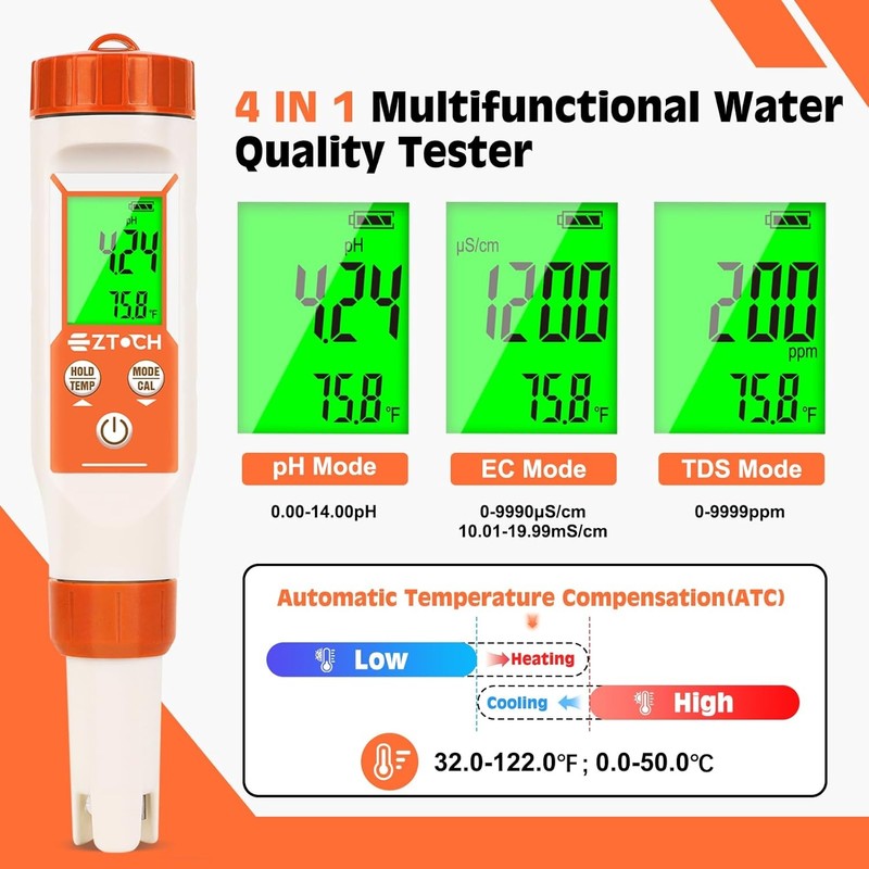 pH Meter for Water, Smart pH TDS EC Meter for