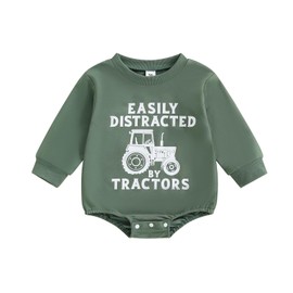 XIXIMAON Infant Baby Boy Autumn Clothes Letter Farm Tractor Print Bubble Rompers Long Sleeve Crew Neck Bodysuits Newborn Winter Outfit Boys Jumpsuit (Green, 12-18 Months)