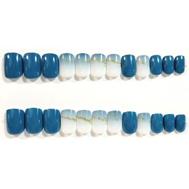 Ocean Waves Ombre Glossy Extra Short Square Press On Nails - 24 Pieces - Artificial Nail Kit