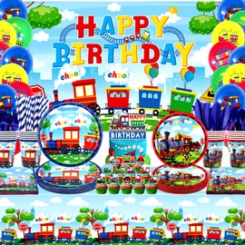 Train Party Supplies , Includes Happy Birthday Party Backdrop, Plates, Cupcake Toppers, Napkins, Cups, Tablecloths, for Train Party Vehicle Party Decorations Serves 20