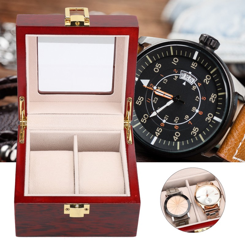 2 Grid Wooden Watch Display Box Watch Storage Holder Gift