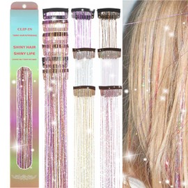 6 Colors Clip in Hair Tinsel 23.6 Inch Fairy Hair Tinsel Clip in Glitter Hair Extensions Pink Gold Purple Brown White Silver Hair Tinsel Clips in Hair Accessories for Girls Women Kids 6Pcs (6 Colors)