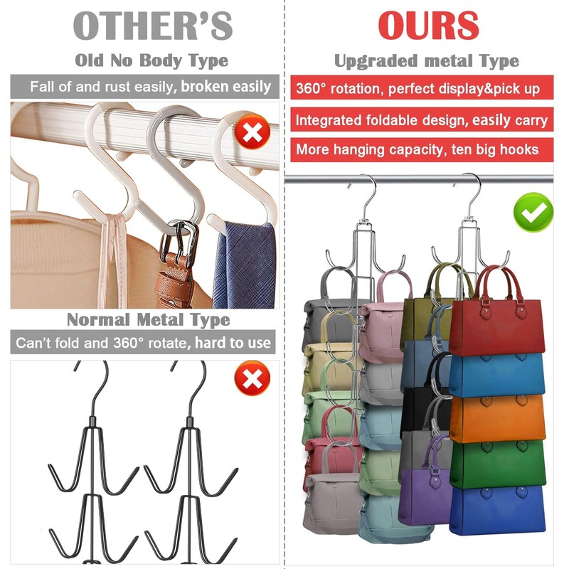 Purse Organizer for Closet, Collapsible Metal Purse Hanger Organizer, Rotation