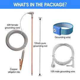 Copper Grounding Rod with 40ft Female Ground Cord & Alligator Clip, Portable Ground Rod Kit,Great for Grounded Earth Connected Products, Easy to Use with Grounding Mat,Grounding Sheet,Pillowcase