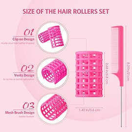 Syhood 12 Pcs Pink Plastic Hair Rollers for Women Large Size Curlers Set Snap Roller Clips with Rat Tail Comb for Long Medium Short Hair Bangs, Salon 
