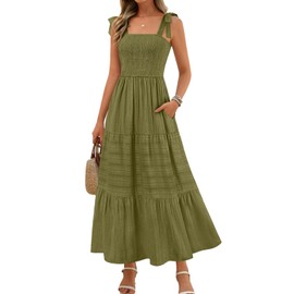 MEROKEETY Women's Summer Boho Maxi Dress Beach Vacation Casual Smocked A Line Sundress with Pockets, Army, Small