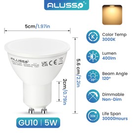 ALUSSO LIGHTING GU10 LED 5W Bulb, Replaces 50W Halogen Lamps, 400 Lumen 3000K Warm White Lamps, Beam Angle 120° Flicker-Free Spotlights, Non Dimmable Reflector Lamps, 4-Pack