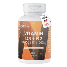 Vitamin D3 + K2-365 Tabletten - 10.000 I.E. + 200μg - Hochdosiert - 100% Vegan – Deutsche Produktion & Laborprüfung - NutriFair | Premium & Fair