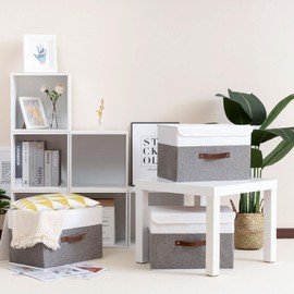 Yawinhe Collapsible Storage Bin Cube Organizer Basket, Fabric Storage Box with Lids, Washable and Leather Handle, for Home, Closet, White/Grey, 13.0''Lx9.0''Wx7.9''H, 5-Pack, SNK024WGS-5