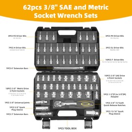 TILIBOTE Socket Wrench Set, 62PCS 3/8" Ratcheting Wrench Set With 72 Tooth Count Ratchet, SAE & Metric From 5/16" - 7/8 ", 6mm - 23mm,Tool Set For Home Use and Automotive Repair