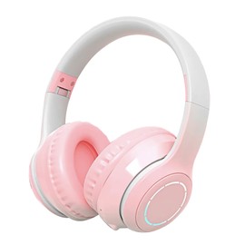 Bluetooth Headphone Heavy Bass Noise Cancelling Foldable Gradient Color Wireless Headset with Light for Phone Laptop Pink