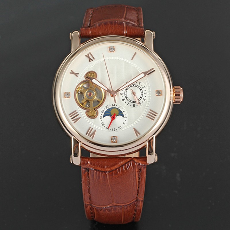 FORSINING Male Automatic Watch PU Leather Strap Analog Wristwatch(White Rose