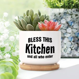 DecStic Bless This Kitchen and All Who Enter Planter Ceramic Bible Verse Round Flower Pot with Drainage Holes and Bamboo Tray Pot for Home Office Desk Garden