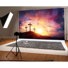 Laeacco Jesus Christ Cross Photography Background 7x5ft Sunrise Tomb Sunset Mountain Crucifix Worship Pray Backdrop Christmas Easter Birth of Jesus Backdrops