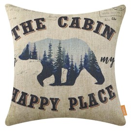Cabin Pillow Cover 18x18 Inch The Cabin is My Happy Place Decor Decorative Cushion Case for Sofa Couch Bear Forest Decorations Throw Pillowcase CC1858