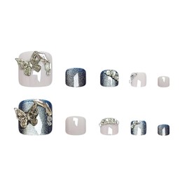 Square Press on Toenails Short Cat Eye Fake Toe Nails Blue Glitter Acrylic Toenails with 3D Butterfly Rhinestone Charms Artificial False Toe Nails for Women Girls 24Pcs