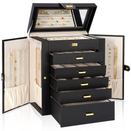 AKOZLIN Large Jewelry Box Organizer Functional Lockable with Big Mirror, Leather Jewelry Storage Case for Women Girls Ring Necklace Earring Bracelet Holder Organizer