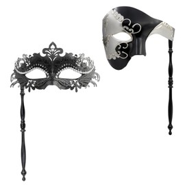 Thmyo Couple Masquerade Masks Set with Holding Stick, Venetian Handheld Party Mask for Women and Men Party Costumes Accessory