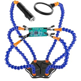 STEUGO Helping Hand Soldering Third Hands Vise with 6 Flexible Arms and LED 3X Magnifying Lamp Magnifying Glass Aluminum Base for Soldering, Assembly, Repair, Modeling, Hobby, Crafts, Jewelry Making