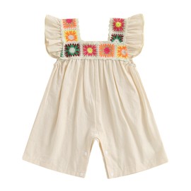 Newborn Baby Girl Bubble Romper Crochet Outfits Floral Ruffle Sleeveless Jumpsuit Overalls Boho Summer Clothes (Beige, 12-18 Months)