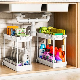 Cicilyna 2 Pack Under Sink Organizer, 2 Tier Bathroom Cabinet Organizers and Storage with Hook, Multi-purpose Storage Basket Shelf for Kitchen (Frost White, 2 Pack)