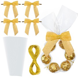 Yexiya 50 Sets Christmas Cellophane Treat Bags 2.4 x 21.7 Inches Clear Long Flat Candy Bags with Twist Tie Bows Metallic Cord Cookie Bags Gift Wrap Bags for Xmas Party Wedding Decoration (Gold)